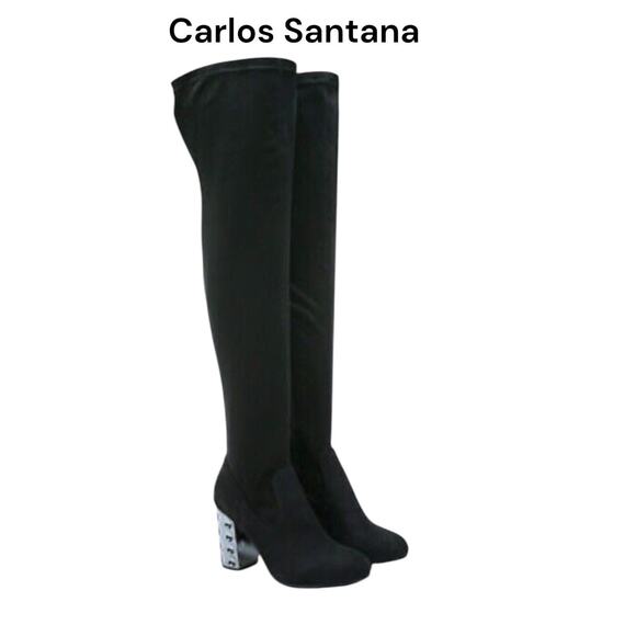 Carlos Santana Boots Women’s SZ 8M Black Quantum Over-The-Knee Silver Heel Suede - Picture 1 of 14